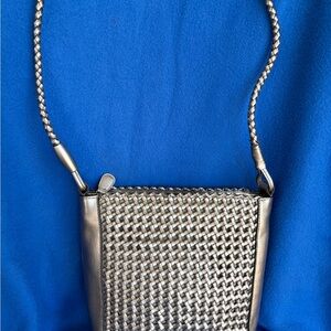 Elegant Pewter Metallic Color Woven Shoulder Crossbody Bag